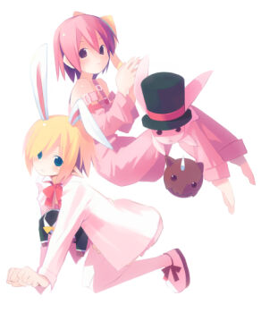 2girls animal_ears archived_source asami_natsuhito bad_link bare_shoulders barefoot belt black_hat black_pants black_suit blonde_hair blue_eyes blush bow bowtie brown_eyes buckle closed_mouth collared_shirt commentary detached_sleeves disembodied_head doll dress_shirt elbow_blush english_commentary footwear_bow formal_clothes hair_bow hat headless headless_doll knees_together_feet_apart light_frown long_sleeves looking_at_viewer mr._smith multiple_girls open_clothes open_shirt original overalls pants pantyhose pink_belt pink_eyes pink_fur pink_hair pink_overalls pink_sleeves pointy_ears rabbit rabbit_ears red_bow red_bowtie red_shirt severed_head shirt shoes short_hair simple_background single_ear_down skirt sleeve_cuffs solid_eyes sophy suit sweatdrop top_hat undershirt white_background white_pantyhose white_shirt white_skirt white_sleeves wing_collar yellow_bow