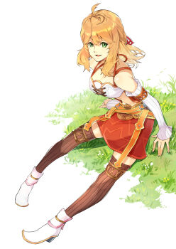 1girl blonde_hair breasts cleavage commentary detached_sleeves fiora_(xenoblade) full_body grass green_eyes highres ibaraki_shun long_hair looking_at_viewer medium_breasts navel open_mouth smile solo thighhighs xenoblade_chronicles_(series) xenoblade_chronicles_1