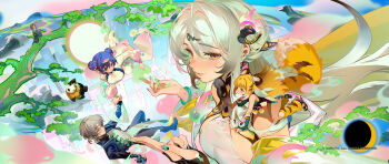 Rule 34 | 2boys, 3girls, animal ears, belle (zenless zone zero), blonde hair, blue hair, breasts, brother and sister, crossed bangs, grey hair, hair between eyes, highres, ju fufu, medium breasts, multiple boys, multiple girls, official art, pan yinhu, panda, siblings, tail, tiger ears, tiger girl, tiger tail, wise (zenless zone zero), ye shiyuan, yellow eyes, yixuan (zenless zone zero), zenless zone zero