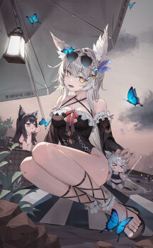 2girls absurdres alternate_costume animal_ears arknights blue_butterfly breasts bug butterfly commentary commission di_le_to eyewear_on_head hair_ornament highres insect lappland_(arknights) long_hair medium_breasts multiple_girls sunglasses swimsuit texas_(arknights) yellow_eyes