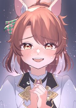 1girl ahoge amai_omoyu animal_ears blush brown_eyes brown_hair crying dantsu_flame_(umamusume) ear_covers highres horse_ears horse_girl jacket looking_at_viewer multicolored_hair open_mouth shirt simple_background smile solo tears teeth umamusume upper_teeth_only white_hair white_jacket white_shirt