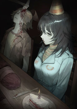 1boy 1girl absurdres anya_(mouthwashing) axe bandages black_hair blood blood_on_clothes breasts cake candle corpse daisuke_(mouthwashing) death food fork guro hat highres jacket k_hottok knife long_hair mouthwashing nosebleed open_clothes parted_lips party_hat plate shirt sitting table