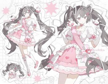 1girl :o ame_ame brown_hair chibi chibi_only closed_mouth collarbone commission cowboy_shot double-parted_bangs full_body gloves hair_between_eyes hand_up highres kneehighs long_hair looking_at_viewer mihuashi_commission open_mouth original pink_shoes pink_skirt red_eyes shirt shoes short_sleeves skirt smile socks standing twintails very_long_hair watermark white_gloves white_shirt white_socks