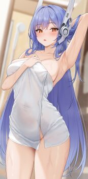 1girl absurdres arm_behind_head arm_up armpits bare_shoulders bathroom blue_hair blurry blurry_background blush breasts collarbone commentary commission depth_of_field dutch_angle girls&#039;_frontline groin hair_between_eyes hair_intakes hair_lift hand_on_own_chest hand_up hayasi_iru headgear highres indoors large_breasts long_hair looking_at_viewer naked_towel open_mouth orange_eyes pixiv_commission shower_head sideboob sidelocks solo standing tar-21_(girls&#039;_frontline) thighs towel very_long_hair wet