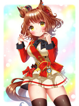 1girl animal_ears aston_machan_(flare)_(umamusume) aston_machan_(umamusume) black_bow black_bowtie black_thighhighs blush bow bowtie breasts brown_hair closed_mouth commentary_request crown ear_ornament green_eyes hair_between_eyes hair_ornament hair_scrunchie highres horse_ears horse_girl horse_tail jacket large_breasts long_sleeves looking_at_viewer medium_hair mini_crown one_side_up red_nails red_sash red_scrunchie red_sleeves sash scrunchie shirt shoulder_sash skirt smile solo sugimotty_nova tail thighhighs thighs tilted_headwear umamusume white_jacket white_skirt zettai_ryouiki