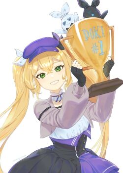 1girl bao_bao_(dokibird) beret black_gloves blonde_hair blue_hat collar cropped_jacket darkgreyclouds dokibird dokibird_(retro_doki) fingerless_gloves frilled_collar frills gloves green_eyes grey_jacket hat highres holding holding_trophy indie_virtual_youtuber jacket long_hair looking_at_viewer mei_mei_(dokibird) shirt smile solo trophy twintails virtual_youtuber white_background white_collar white_shirt