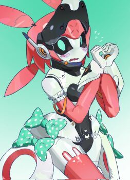 1girl angels_of_delusion aria_(zenless_zone_zero) arm_warmers blush green_eyes hashtag-only_commentary highres humanoid_robot joints kanalit5 leg_warmers mechanical_ears pink_leg_warmers robot robot_girl robot_joints too_many_bows zenless_zone_zero