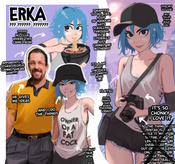 1girl absurdres adam_sandler arm_warmers arrow_(symbol) artist_self-insert baseball_cap black_eyes black_hat blue_hair breasts bucket_hat camera character_name character_profile contrapposto cutoffs eating english_text erka_(veyonis) fourth_wall grey_tank_top hat height highres holding holding_camera looking_at_viewer messy_hair multiple_views original outdoors short_hair small_breasts tank_top veyonis
