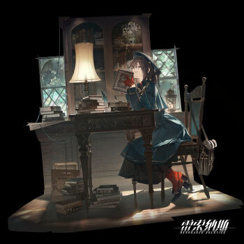 1girl bag beret black_background black_eyes black_shoes book book_stack bookshelf brown_hair capelet chair chinese_commentary commentary_request copyright_logo dlgeria dress elbow_rest from_side full_body gloves green_capelet green_dress green_hat hat highres holding holding_book indoors lamp lapel_pin layered_dress logo long_dress long_sleeves looking_at_viewer medium_hair messenger_bag official_alternate_costume official_alternate_hairstyle official_art on_chair open_book pantyhose pleated_dress profile raziel_(resonance_solstice) red_gloves red_pantyhose resonance_solstice round_eyewear shoes shoulder_bag sideways_glance sitting solo stained_glass tachi-e