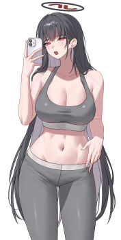 1girl absurdres alternate_costume bare_shoulders black_hair black_halo blue_archive blush breasts bright_pupils cellphone cleavage collarbone commentary grey_pants grey_tank_top groin halo highres holding holding_phone huge_breasts katrinabluuuuu large_breasts long_hair looking_at_object midriff multicolored_halo navel open_mouth pants phone red_eyes red_halo rio_(blue_archive) selfie smartphone solo stomach tank_top two-tone_halo very_long_hair white_pupils yoga_pants