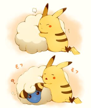 2koma ? blush_stickers bright_pupils brown_eyes closed_eyes closed_mouth comic commentary_request fluffy gen_1_pokemon gen_2_pokemon mareep nintendo no_humans pikachu pokemon pokemon_(creature) white_pupils yuu_(tjyz7348)