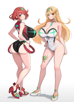 2girls absurdres breasts full_body gonzarez highres huge_breasts multiple_girls mythra_(radiant_beach)_(xenoblade) mythra_(xenoblade) pyra_(pro_swimmer)_(xenoblade) pyra_(xenoblade) xenoblade_chronicles_(series) xenoblade_chronicles_2