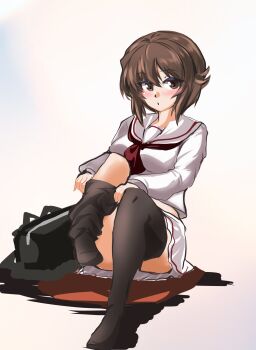 1girl abimaru_gup absurdres adjusting_clothes bag black_socks blush breasts brown_eyes brown_hair commentary_request eyes_visible_through_hair girls_und_panzer gyaru hair_between_eyes highres large_breasts looking_at_viewer neckerchief nishizumi_maho open_mouth red_neckerchief school_bag school_uniform serafuku shirt simple_background sitting socks solo thighhighs white_background white_serafuku white_shirt zettai_ryouiki