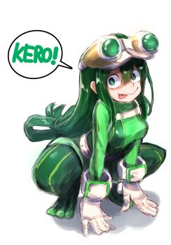 Rule 34 | 1girl, absurdres, artist request, asui tsuyu, asui tsuyu (hero outfit), bodysuit, boku no hero academia, breasts, female focus, gloves, goggles, goggles on head, green bodysuit, green eyes, green hair, hair between eyes, highres, long hair, looking at viewer, low-tied long hair, matching hair/eyes, medium breasts, smile, solo, speech bubble, split-toe footwear, squatting, superhero costume, tongue, tongue out, white gloves