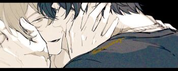 Rule 34 | 2boys, arm up, black background, black shirt, closed eyes, commentary request, dakenisdog, film grain, grey eyes, grey hair, hand on another's face, letterboxed, lighter (zenless zone zero), looking at another, male focus, multiple boys, open mouth, parted bangs, shirt, smile, twitter username, wise (zenless zone zero), yaoi, zenless zone zero