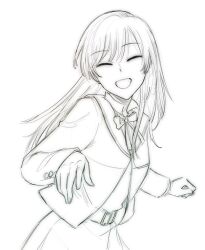 Rule 34 | 1girl, closed eyes, commentary request, greyscale, highres, long hair, long sleeves, looking at viewer, monochrome, nanami touko, neck ribbon, nyamo, open mouth, outstretched arm, ribbon, sailor collar, school uniform, smile, solo, tohmi higashi high school uniform, upper body, yagate kimi ni naru