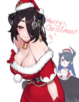 2girls asymmetrical_horns black_hair blue_hair braid breasts bright_pupils colored_inner_hair commentary dasdokter demon_horns dress english_commentary fortissimo fur-trimmed_dress fur_trim hair_ornament hat highres hololive hololive_english horns large_breasts long_hair looking_at_viewer mamarissa mature_female mole mole_under_eye mother_and_daughter multicolored_hair multiple_girls musical_note musical_note_hair_ornament nerissa_ravencroft off-shoulder_dress off_shoulder red_dress red_eyes red_hair santa_costume santa_dress santa_hat simple_background smile treble_clef two-tone_hair virtual_youtuber white_background white_pupils