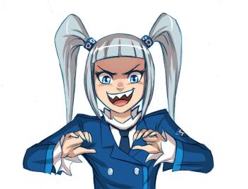 1girl blue_eyes blue_jacket blunt_bangs buttons cube_hair_ornament double-breasted evil_smile fingernails flick-the-thief frilled_shirt_collar frills grin hair_ornament hands_up jacket long_hair long_sleeves looking_at_viewer necktie open_mouth rkn-chan roskomnadzor sharp_teeth shirt simple_background smile solo teeth twintails upper_body white_background white_shirt