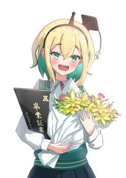 1girl :d absurdres amano_pikamee antennae aqua_eyes aqua_hair black_hairband black_hat blonde_hair blush bouquet colored_inner_hair commentary cowboy_shot english_commentary flower green_vest hairband hat highres holding holding_bouquet lily_(flower) long_sleeves looking_at_viewer mortarboard multicolored_hair necktie open_mouth red_necktie rose sharkudon shirt short_hair smile solo standing vest virtual_graduation_commemoration virtual_youtuber voms white_shirt wing_collar