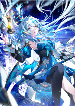 1girl absurdres bare_shoulders black_thighhighs blue_dress blue_eyes blue_hair blue_trim blunt_bangs breasts cerydra_(honkai:_star_rail) chain chess_piece city collared_dress commentary_request crown detached_sleeves diamond-shaped_pupils diamond_(shape) dress dress_flower floating_hair flower gold gold_trim hair_intakes hair_ornament hand_up highres holding honkai:_star_rail honkai_(series) lens_flare light_particles long_hair long_sleeves looking_at_viewer low_wings midair mini_crown night night_sky object_floating_above_hand parted_lips single_thighhigh sky solo star_(sky) star_(symbol) star_hair_ornament starry_sky symbol-shaped_pupils thighhighs thighs tongyu very_long_hair white_wrist_cuffs wide_sleeves wings wrist_cuffs