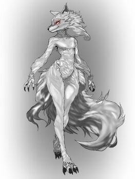 1girl animal_ears animal_nose bakatorfin34968 body_fur claws digitigrade flat_chest full_body furry furry_female glowing glowing_eyes greyscale highres long_tail looking_to_the_side monochrome muscular muscular_female non-web_source original self-upload snout solo spot_color tail white_fur wide_hips wolf_ears wolf_tail