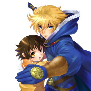 Rule 34 | 1boy, 1girl, abs, absurdres, arm guards, belt, blonde hair, blue eyes, blue gloves, blue jacket, blush, brown belt, brown hair, commentary request, fighting stance, flipped hair, gloves, hair between eyes, highres, hood, hooded jacket, hug, impossible clothes, impossible shirt, jacket, long sleeves, looking at viewer, matsuena shun, official art, open hands, open mouth, outstretched arms, pants, raised inner eyebrows, sailor collar, shijou saikyou no deshi ken'ichi, shirahama honoka, shirt, short hair, short sleeves, simple background, standing, tanimoto natsu, upper body, v-shaped eyebrows, white background, yellow sailor collar