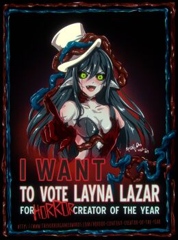 1girl absurdres black_hair black_sclera breasts character_name collarbone colored_sclera disembodied_hand english_text fang grabbing_another&#039;s_breast green_eyes groping hat highres horror_(theme) i_want_you indie_virtual_youtuber layna_lazar long_hair neck_grab open_mouth pale_skin pointing pointy_ears smile solo spooky_dan virtual_youtuber watermark web_address white_hat