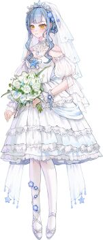 1girl absurdres artist_request bang_dream! bang_dream!_it&#039;s_mygo!!!!! blue_hair bouquet bridal_veil chinese_commentary commentary_request commission detached_sleeves dress flower full_body highres holding holding_bouquet long_hair pantyhose second-party_source shoes short_hair_with_long_locks sidelocks simple_background solo togawa_sakiko transparent_background veil wedding_dress white_flower white_pantyhose white_shoes white_wrist_cuffs wrist_cuffs yellow_eyes