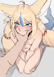 1girl 1other ahoge animal_ears arbuz_budesh barefoot between_legs blonde_hair blonde_pubic_hair blue_eyes blue_hair blush breasts cat_ears cheek_squash commentary completely_nude english_commentary female_pubic_hair fins fish_tail full_body grey_background hair_between_eyes hand_between_legs indie_virtual_youtuber long_hair low_twintails multicolored_hair navel nude one_side_up pov pov_hands pubic_hair sameko_saba simple_background sitting sketch small_breasts solo_focus streaked_hair tail twintails two-tone_hair very_long_hair virtual_youtuber wariza