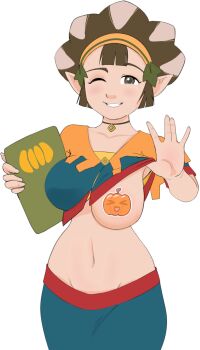 1girl beehive_hairdo black_hair blush breasts breasts_out capelet clothes_lift collarbone cowboy_shot drawfag fingernails grey_eyes grin groin hairband highres holding holding_menu jewelry kina_(zelda) large_breasts long_fingernails menu multicolored_hair navel necklace nintendo no_bra one_eye_closed pasties pointy_ears shirt_lift skirt smile solo the_legend_of_zelda the_legend_of_zelda:_skyward_sword two-tone_hair white_background white_hair