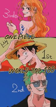 1girl 2boys bare_shoulders black_hair bracelet closed_mouth commentary_request copyright_name drawn_crown earrings green_hair hat heart hebi_d_hebi highres jewelry long_hair looking_at_viewer monkey_d._luffy multiple_boys nami_(one_piece) one_eye_closed one_piece orange_hair parted_lips red_lips red_nails red_shirt roronoa_zoro scar scar_across_eye scar_on_face shirt short_hair shoulder_tattoo smile straw_hat straw_hat_pirates sunglasses tattoo upper_body wavy_hair