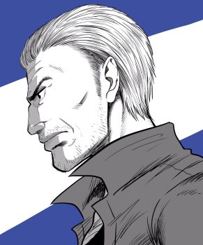 1boy beard_stubble blue_background commentary_request facial_hair from_side frown greyscale_with_colored_background hair_slicked_back highres jacket lee_(dragon_garou) male_focus mature_male original portrait serious sideburns solo stubble