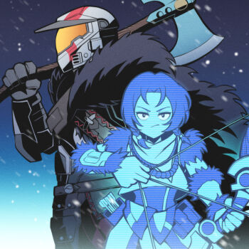 1boy 1girl arrow_(projectile) atreus atreus_(cosplay) axe bead_necklace beads bow_(weapon) braid closed_mouth commentary_request cortana cosplay from_side god_of_war_ragnarok halo_(series) helmet holding holding_axe holding_bow_(weapon) holding_weapon hologram jewelry kratos_(god_of_war) kratos_(god_of_war)_(cosplay) master_chief necklace over_shoulder pechamaju quiver snowing twin_braids weapon weapon_over_shoulder