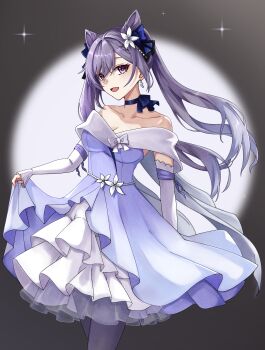 Rule 34 | 1girl, absurdres, arm behind back, bare shoulders, breasts, cleavage, collarbone, commentary request, cone hair bun, cowboy shot, double bun, dress, earrings, flower, genshin impact, hair bun, hair flower, hair ornament, highres, jewelry, keqing (genshin impact), keqing (resplendent feast) (genshin impact), long hair, looking at viewer, medium breasts, nightsheaulan, off-shoulder dress, off shoulder, official alternate costume, open mouth, pantyhose, pink eyes, purple dress, purple hair, purple pantyhose, simple background, skirt hold, smile, solo, standing