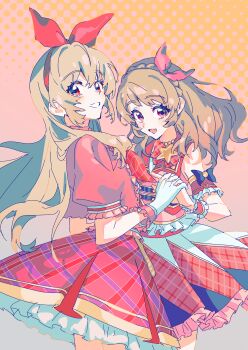 2girls :d absurdres aikatsu! aikatsu!_(series) blonde_hair bow bow_hairband brown_hair commentary_request cowboy_shot detached_sleeves frilled_skirt frills gloves hair_bow hairband highres holding_hands hoshimiya_ichigo idol_clothes interlocked_fingers jacket karin_toseko long_hair looking_at_viewer multiple_girls open_mouth ozora_akari pink_eyes pink_jacket plaid_clothes plaid_skirt pleated_skirt red_bow red_eyes red_hairband skirt smile standing star_(symbol) white_gloves wrist_cuffs