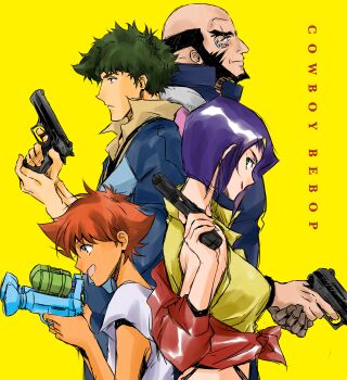 2boys 2girls absurdres back-to-back balding bare_shoulders beard black_hair blue_jacket bob_cut breasts brown_hair brown_shirt closed_mouth copyright_name cowboy_bebop cropped_vest edward_wong_hau_pepelu_tivrusky_iv facial_hair faye_valentine green_eyes green_hair gun hair_between_eyes handgun highres holding holding_gun holding_water_gun holding_weapon jacket jet_black large_breasts light_smile midriff multiple_boys multiple_girls off-shoulder_jacket off_shoulder open_mouth parted_bangs popped_collar prosthesis prosthetic_arm purple_hair red_jacket red_lips reverse_trap scar scar_across_eye scar_on_face shirt short_hair smile spike_spiegel tobalin upper_body vest water_gun weapon white_shirt yellow_background yellow_vest