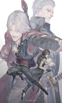 4boys arm_tattoo black_coat black_hair black_pants blue_coat book cane coat dante_(devil_may_cry) devil_may_cry_(series) devil_may_cry_5 grey_hair gun highres holding holding_book holding_cane holding_gun holding_sword holding_weapon mechanical_arms multiple_boys pants red_coat short_hair single_mechanical_arm sword talgi tattoo v_(devil_may_cry) vergil_(devil_may_cry) weapon