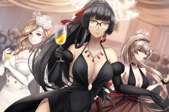 Rule 34 | 3girls, azur lane, black hair, breasts, brown hair, commander (azur lane), commission, cup, drinking glass, earrings, female commander (azur lane), glasses, gloves, highres, holding, holding cup, hood (azur lane), jean bart (azur lane), jewelry, large breasts, long hair, looking at viewer, multiple girls, necklace, resuta, wine glass, yukimura ryuuko (ryuuko)