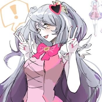 Rule 34 | !, 1girl, commentary, double v, english commentary, grey hair, hair ornament, heart, heart hair ornament, highres, inset, nail polish, open mouth, pink nails, project moon, queen of hatred, ribwunn, smile, solo, speech bubble, v, yellow eyes