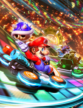 Rule 34 | 3boys, armor, blue eyes, blue shell (mario), brown hair, crossover, facial hair, genzoman, grin, halo (game), halo (series), hat, helmet, kart, male focus, mario, mario (series), mario kart, mario kart 64, mario kart 8, master chief, multiple boys, multiple crossover, mustache, nathan drake, nintendo, nintendo switch, short hair, smile, sony, super smash bros., uncharted