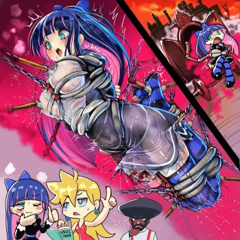 Rule 34 | 1boy, 2girls, black dress, black thighhighs, blue eyes, blue hair, blue thighhighs, blush, chain, clitoral circular saw, commentary request, dress, full body, heart, heart-shaped pupils, highres, long hair, monikano, motion lines, multicolored hair, multicolored thighhighs, multiple girls, open mouth, panty &amp; stocking with garterbelt, panty (psg), pink hair, pussy juice, restrained, see-through clothes, see-through dress, see-through shirt, shirt, solo focus, stocking (psg), streaked hair, striped clothes, striped thighhighs, symbol-shaped pupils, thighhighs, tongue, tongue out, trembling, two-tone hair, two-tone thighhighs, white shirt
