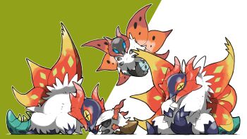 animal_focus blacknirrow bug closed_eyes evolutionary_line flying gen_5_pokemon green_background highres insect_wings larvesta nintendo no_humans outline pokemon pokemon_(creature) pokemon_focus simple_background slither_wing two-tone_background volcarona white_background white_outline wings