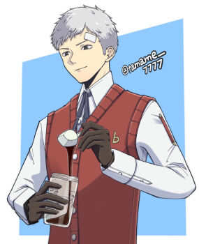 Rule 34 | 1boy, bandaid, bandaid on face, bandaid on forehead, black ribbon, brown gloves, closed mouth, collared shirt, commentary request, cup, gloves, grey hair, highres, holding, holding cup, holding spoon, long sleeves, male focus, neck ribbon, persona, persona 3, red sweater vest, ribbon, sanada akihiko, shirt, short hair, solo, spoon, sweater vest, tamame 7777, twitter username, upper body, white shirt