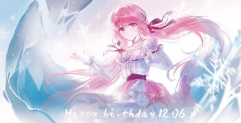 1girl backlighting belt black_belt black_bow black_ribbon blue_sky bow bow_choker bowtie bra_strap bright_pupils broken_glass brown_eyes buttons catching center_frills chinese_commentary choker closed_mouth collarbone commentary_request cowboy_shot dated day dot_nose english_text floating_hair frilled_shirt frilled_skirt frills glass hair_bow hair_ribbon hand_on_own_chest happy happy_birthday highres infinity_nikki layered_skirt light_particles long_hair long_sleeves looking_at_viewer low_twintails nikki_(nikki) nikki_(series) off-shoulder_shirt off_shoulder outdoors outstretched_hand perfect_start_(infinity_nikki) pink_bow pink_bowtie pink_choker pink_hair pink_skirt pleated_skirt print_skirt print_sleeves puffy_long_sleeves puffy_sleeves ribbon see-through_clothes see-through_sleeves shenbi_de_junshi shirt single_stripe skirt sky smile snowflake_print snowflakes snowing solo striped_choker tress_ribbon twintails very_long_hair wavy_hair white_pupils white_shirt white_skirt winter