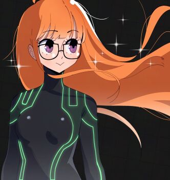 1girl absurdres ahoge black_background black_bodysuit bodysuit breasts closed_mouth floating_hair gjh glasses highres long_hair oracle_(persona_5) orange_hair persona persona_5 purple_eyes sakura_futaba sideways_glance simple_background skin_tight small_breasts solo upper_body very_long_hair