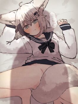 1girl animal_ears between_legs black_hair black_sailor_collar blush bottomless breasts closed_mouth commentary_request female_pubic_hair fox_ears fox_girl fox_tail green_eyes hair_ornament hairclip highres kuon_(meguru_1225) long_sleeves lying meguru_1225 on_back original pubic_hair sailor_collar sailor_shirt shirt short_hair small_breasts spread_legs tail tail_between_legs tail_censor white_hair white_shirt