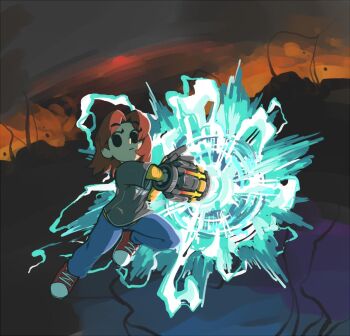 Rule 34 | 1girl, black eyes, blue pants, denim, electricity, final destination (smash bros), fire, full body, gummuru, jeans, looking at viewer, mechanical arms, medium hair, mii (nintendo), mii gunner, mii gunner (smash 4), nintendo, pants, red hair, red shoes, shirt, shoes, short hair, single mechanical arm, sneakers, solo, super smash bros., t-shirt, weapon