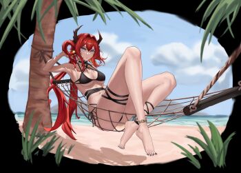 Rule 34 | :o, absurdres, alternate costume, ankle strap, arknights, bare shoulders, barefoot, beach, bikini, black bikini, black nails, breasts, brown horns, cleavage, cloud, demon girl, demon horns, eyelashes, full body, hair between eyes, hair intakes, hammock, hand up, highres, horns, khione (yukhione), knees apart feet together, knees up, large breasts, long hair, long legs, multi-strapped bikini bottom, multi-strapped bikini top, navel, ocean, on hammock, palm tree, parted lips, purple eyes, red hair, sand, sidelocks, stomach, surtr (arknights), swimsuit, thick thighs, thigh strap, thighs, toenails, tree, underboob, very long hair