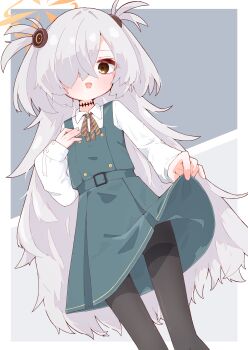1girl :d absurdres black_pantyhose blue_archive blue_dress brown_eyes brown_ribbon clothes_lift collared_shirt commentary_request dress dress_lift flat_chest grey_hair hair_over_one_eye halo highres kanoe_(blue_archive) lifting_own_clothes long_hair looking_at_viewer neck_ribbon open_mouth orange_halo pantyhose pinafore_dress protected_link rano_u_rabe ribbon shirt sleeveless sleeveless_dress smile solo thighband_pantyhose two_side_up very_long_hair wavy_hair white_shirt