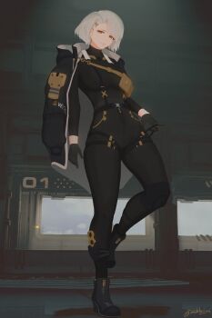 1girl absurdres ankle_boots black_boots black_gloves black_jacket black_leggings black_shirt boots breasts girls&#039;_frontline girls&#039;_frontline_2:_exilium gloves grey_hair highres jacket jacket_on_shoulders large_breasts leggings looking_at_viewer nishibuya open_clothes open_jacket shirt short_hair skin_tight solo standing standing_on_one_leg twitter_username variant_set vector_(girls&#039;_frontline) vector_(girls&#039;_frontline_2) yellow_eyes